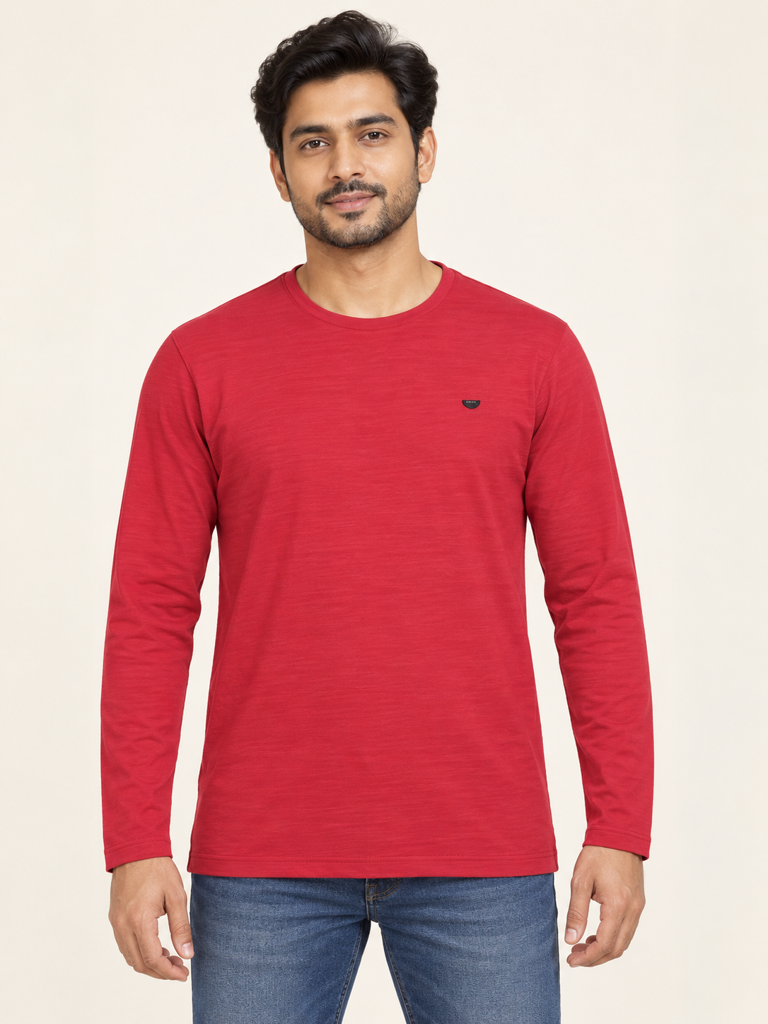 Small Badge Long Sleeve T-Shirt - Red on an adult male model, front view.