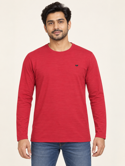 Small Badge Long Sleeve T-Shirt - Red on an adult male model, front view.