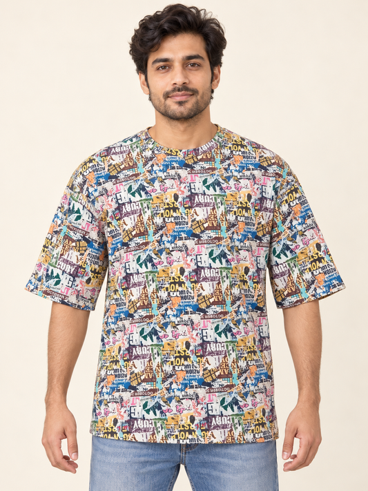 Newspaper Collage Print Crew T-Shirt - Multicolour on an adult male model, front view.