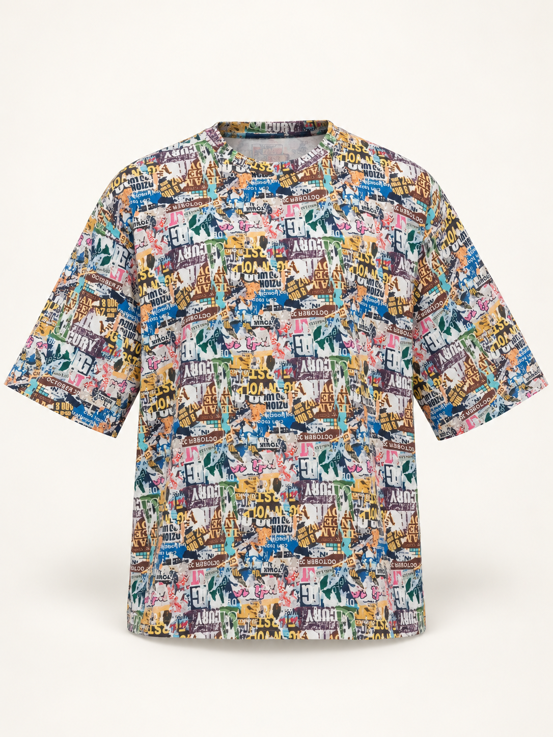 Newspaper Collage Print Crew T-Shirt - Multicolour, full front product view.