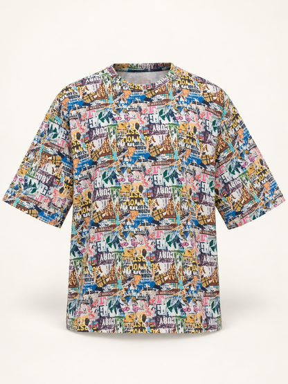 Newspaper Collage Print Crew T-Shirt - Multicolour, full front product view.
