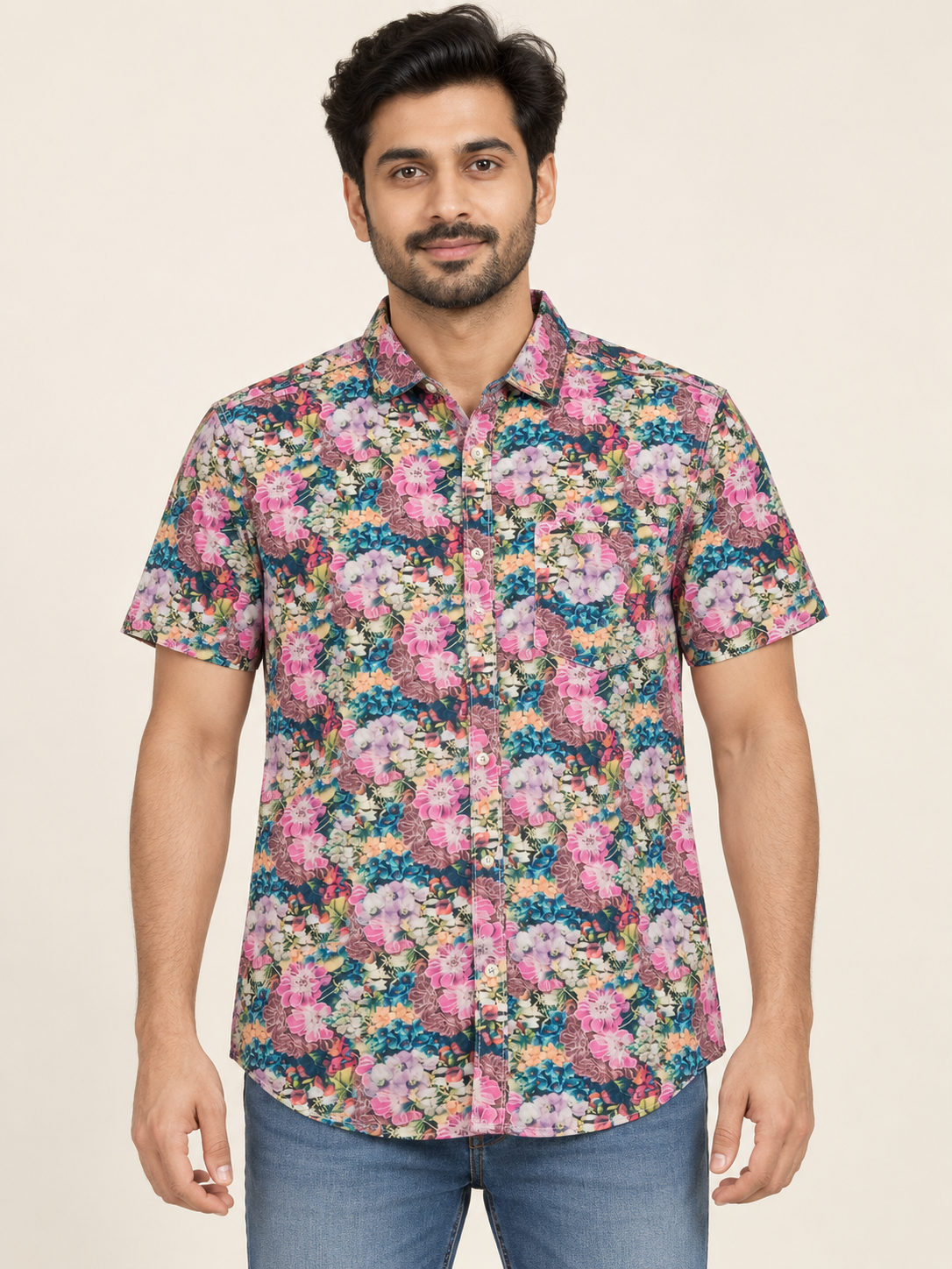 Dense Floral Short Sleeve Pocket Shirt - Pink Teal on an adult male model, front view.
