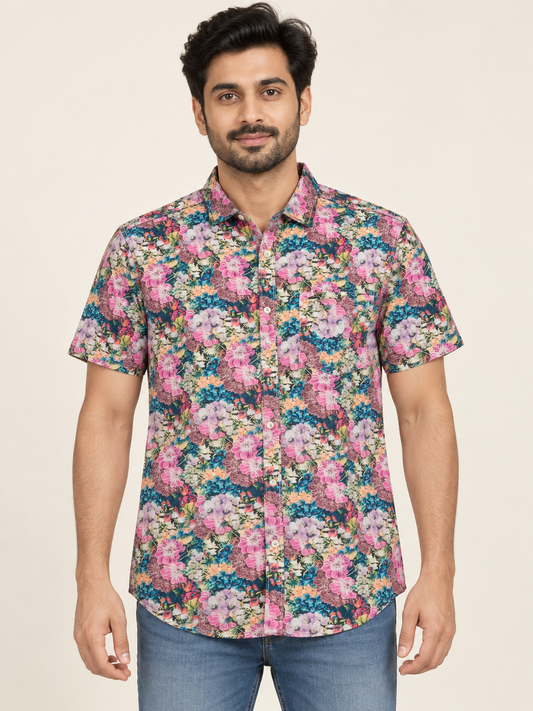 Dense Floral Short Sleeve Pocket Shirt - Pink Teal on an adult male model, front view.