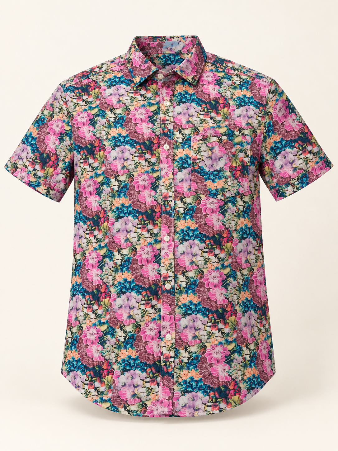 Dense Floral Short Sleeve Pocket Shirt - Pink Teal, full front product view.