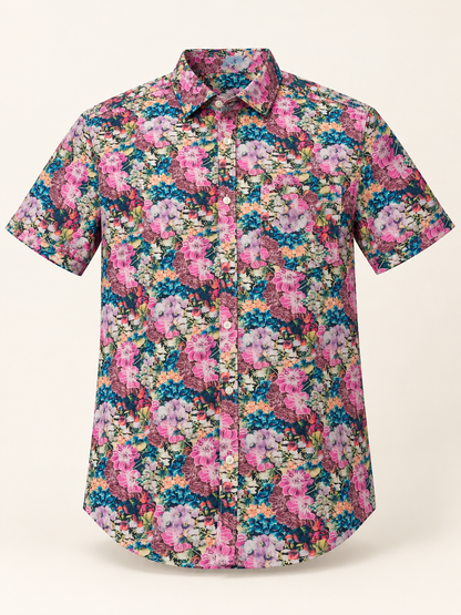 Dense Floral Short Sleeve Pocket Shirt - Pink Teal, full front product view.