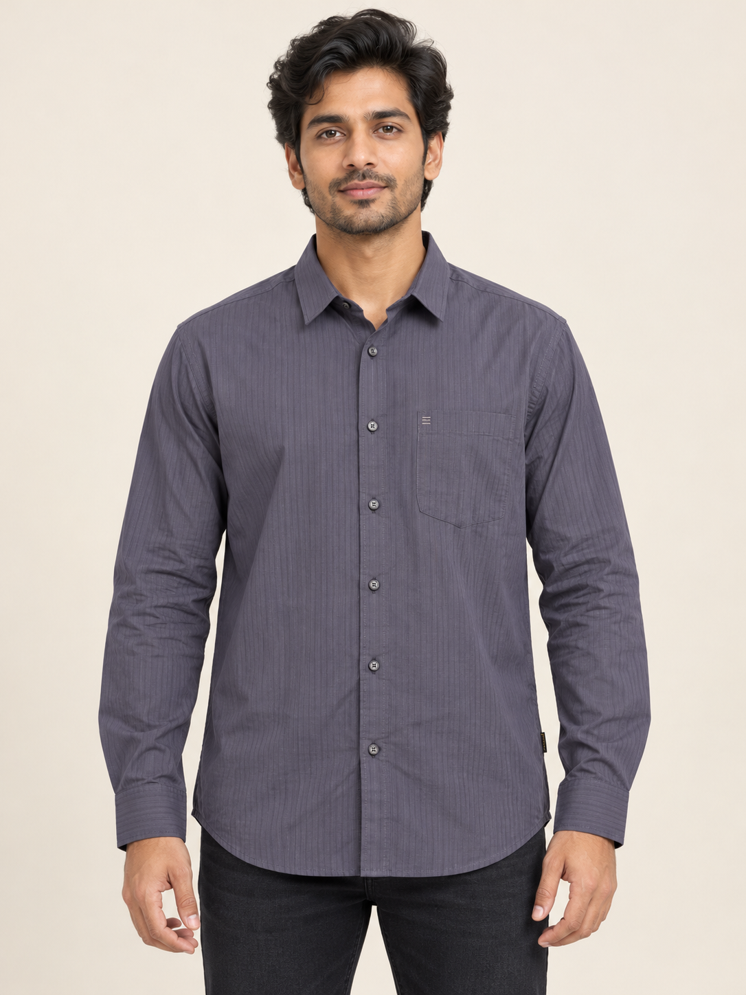 Tonal Vertical Stripe Full Sleeve Pocket Shirt - Slate Grey on an adult male model, front view.
