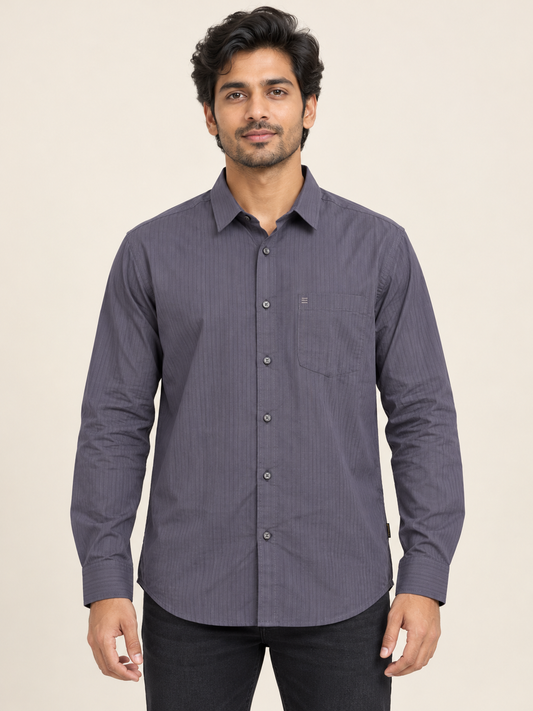 Tonal Vertical Stripe Full Sleeve Pocket Shirt - Slate Grey on an adult male model, front view.