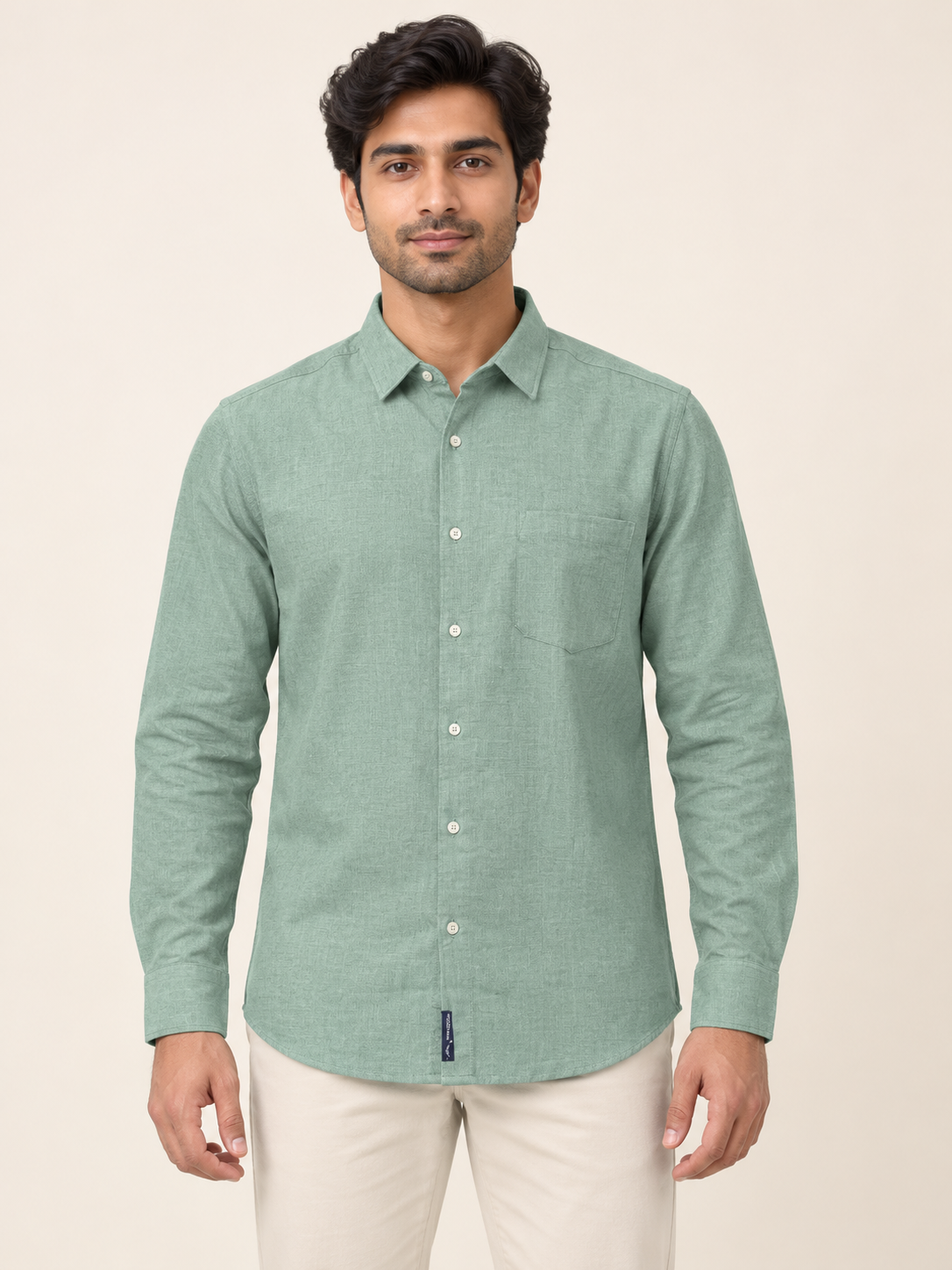 Textured Full Sleeve Pocket Shirt - Sage Green on an adult male model, front view.