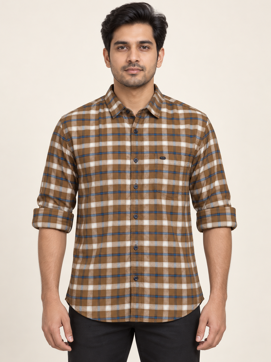Check Pocket Shirt - Brown White Blue on an adult male model, front view.