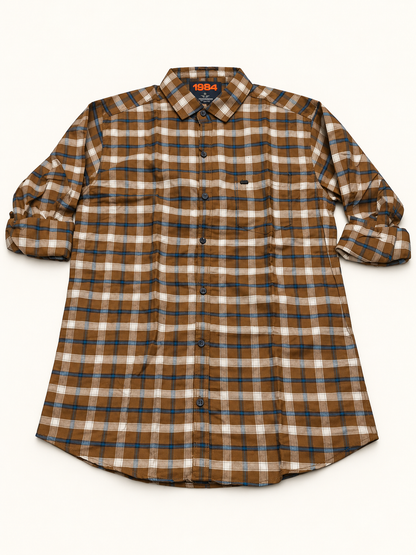 Check Pocket Shirt - Brown White Blue, full front product view.