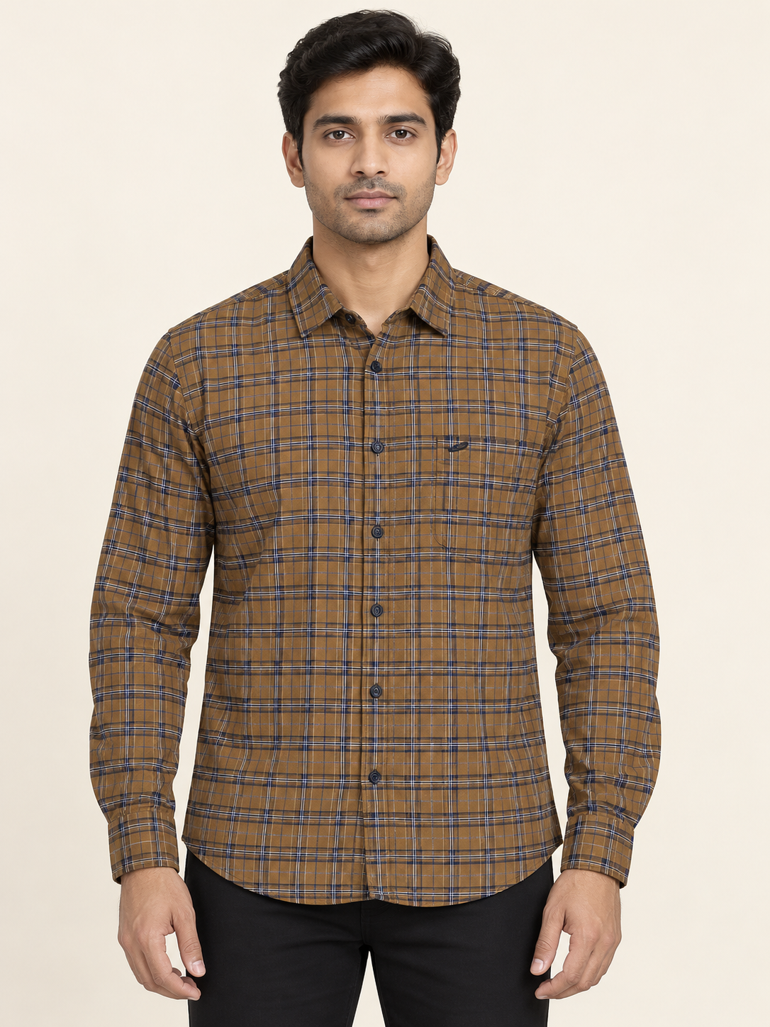 Fine Check Full Sleeve Pocket Shirt - Mustard Navy on an adult male model, front view.