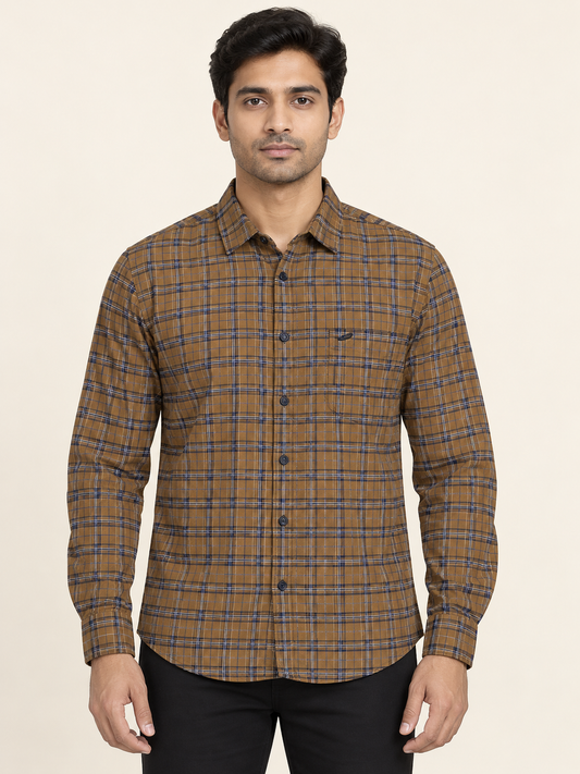 Fine Check Full Sleeve Pocket Shirt - Mustard Navy on an adult male model, front view.