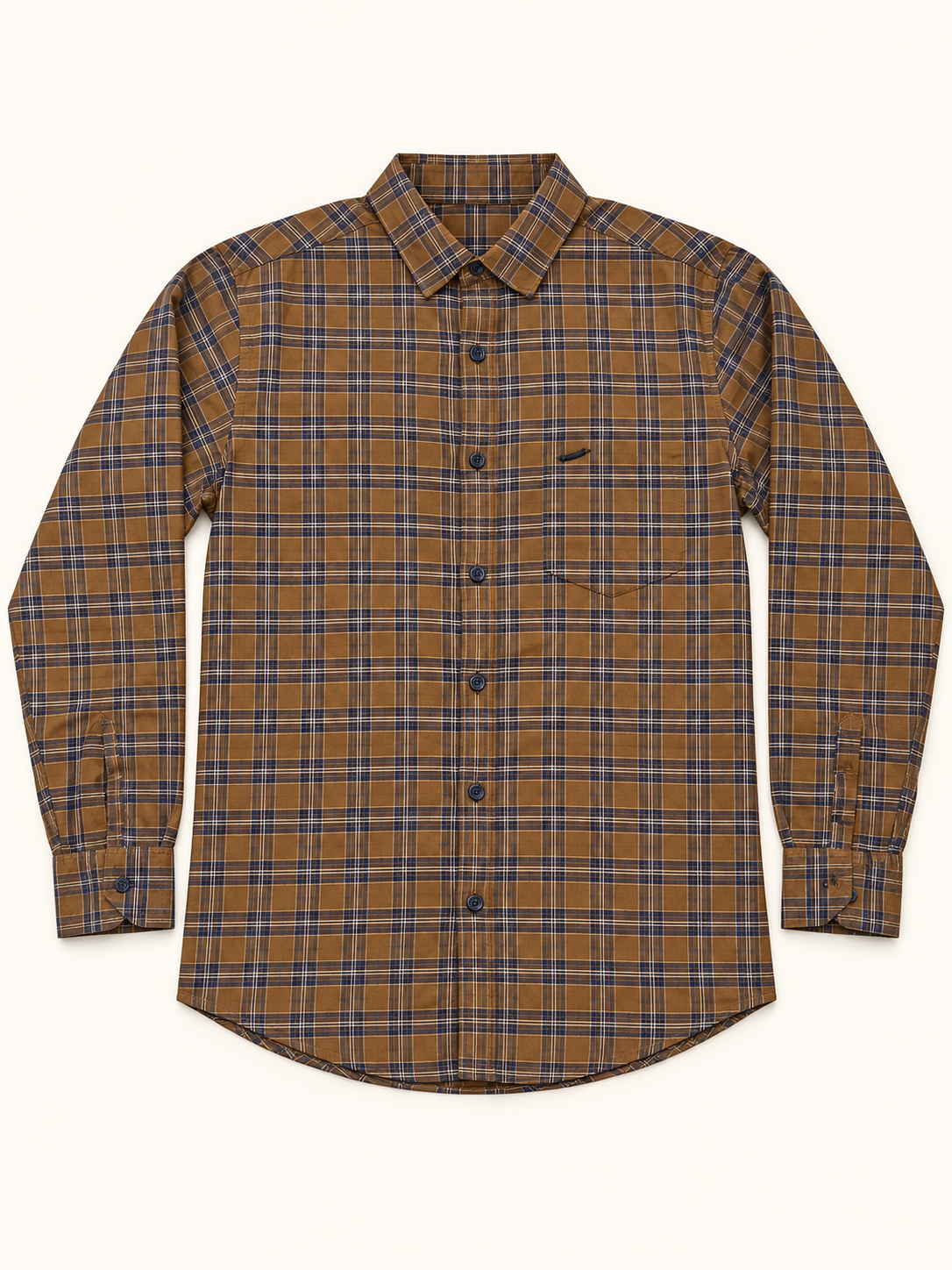 Fine Check Full Sleeve Pocket Shirt - Mustard Navy, full front product view.