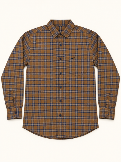 Fine Check Full Sleeve Pocket Shirt - Mustard Navy, full front product view.