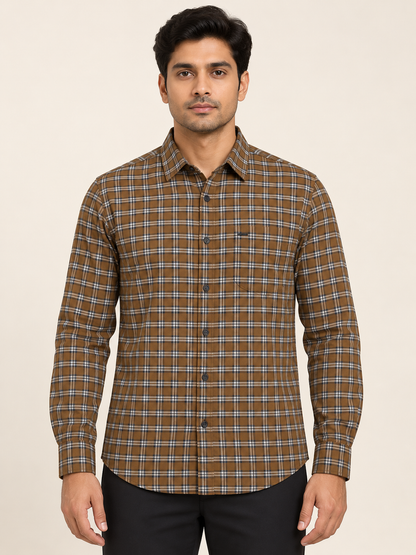 Fine Grid Full Sleeve Pocket Shirt - Brown White on an adult male model, front view.