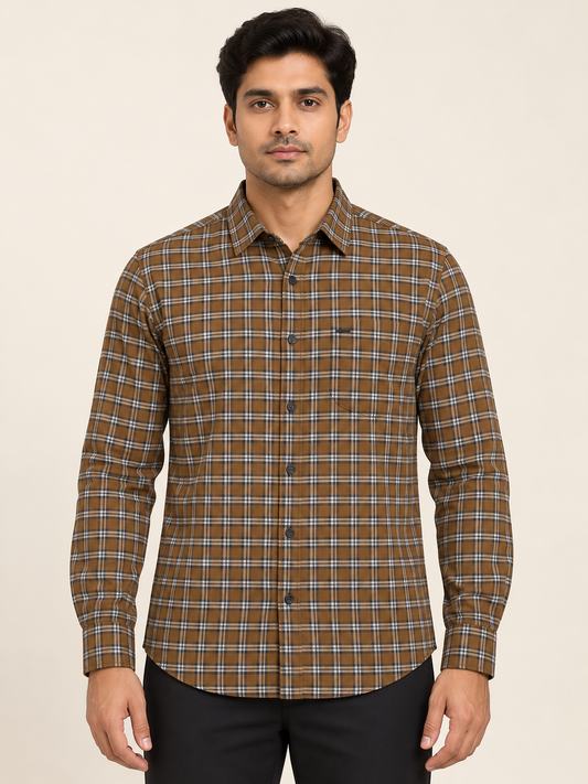 Fine Grid Full Sleeve Pocket Shirt - Brown White on an adult male model, front view.