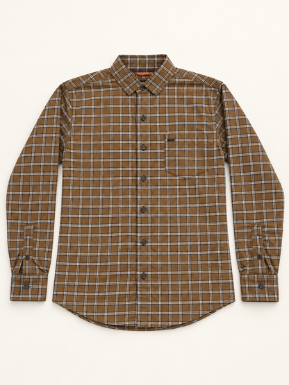 Fine Grid Full Sleeve Pocket Shirt - Brown White, full front product view.