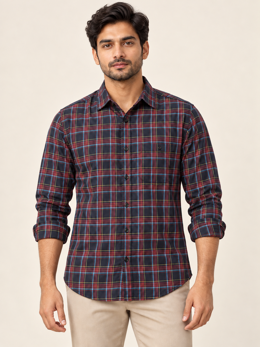 Check Full Sleeve Button Pocket Shirt - Navy Multicolour on an adult male model, front view.