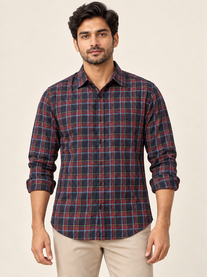 Check Full Sleeve Button Pocket Shirt - Navy Multicolour on an adult male model, front view.