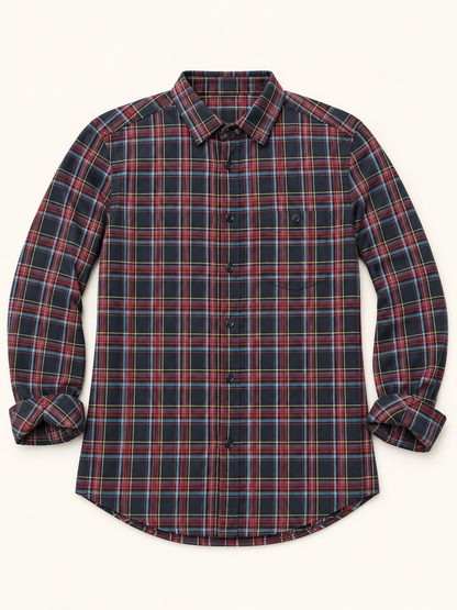 Check Full Sleeve Button Pocket Shirt - Navy Multicolour, full front product view.
