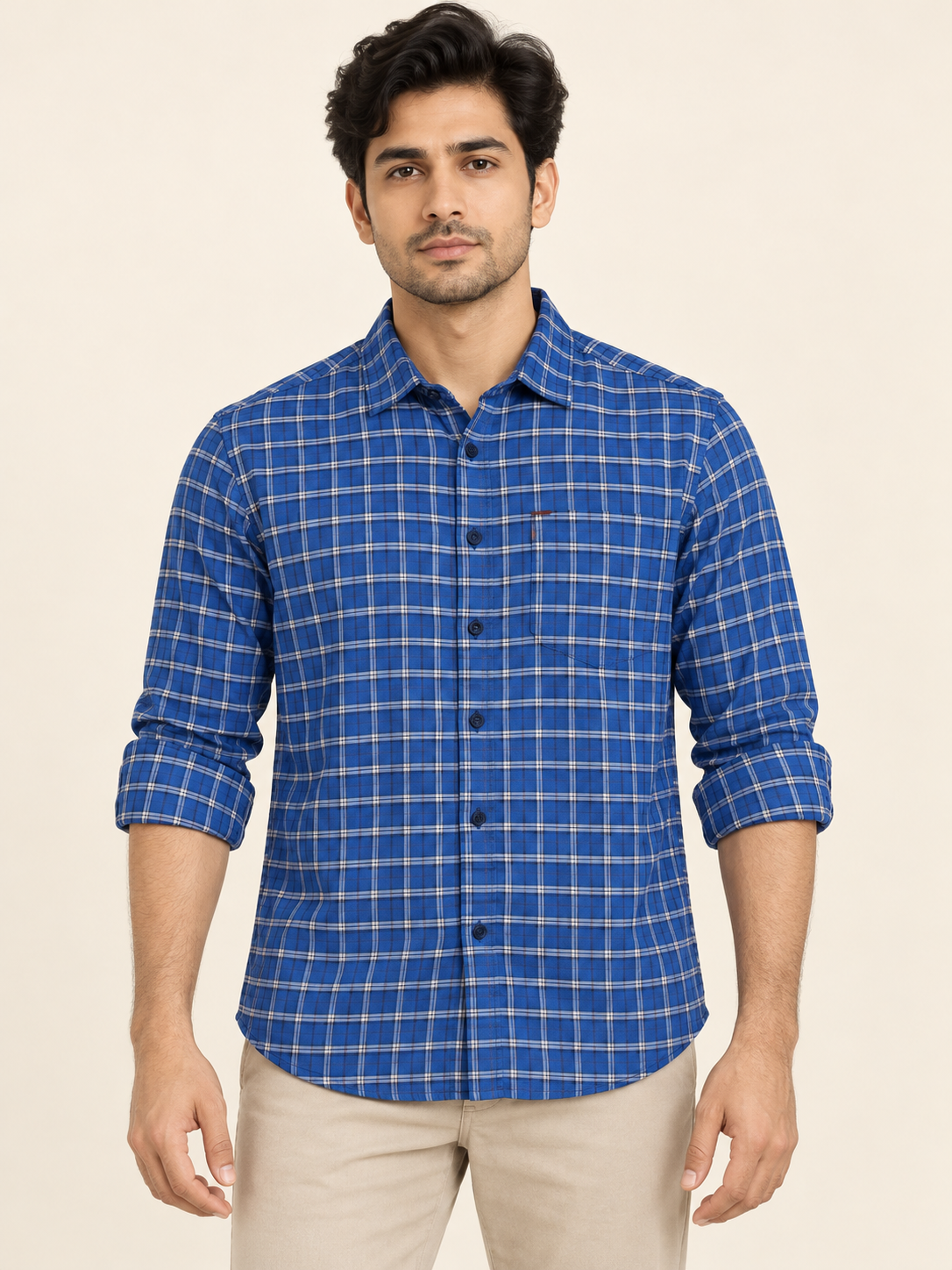 Check Pocket Shirt - Royal Blue on an adult male model, front view.