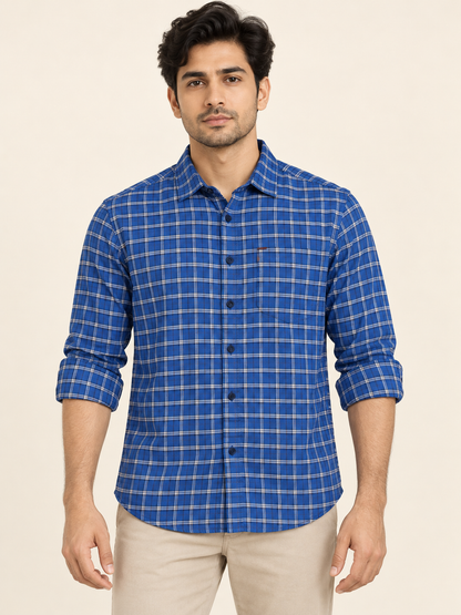 Check Pocket Shirt - Royal Blue on an adult male model, front view.