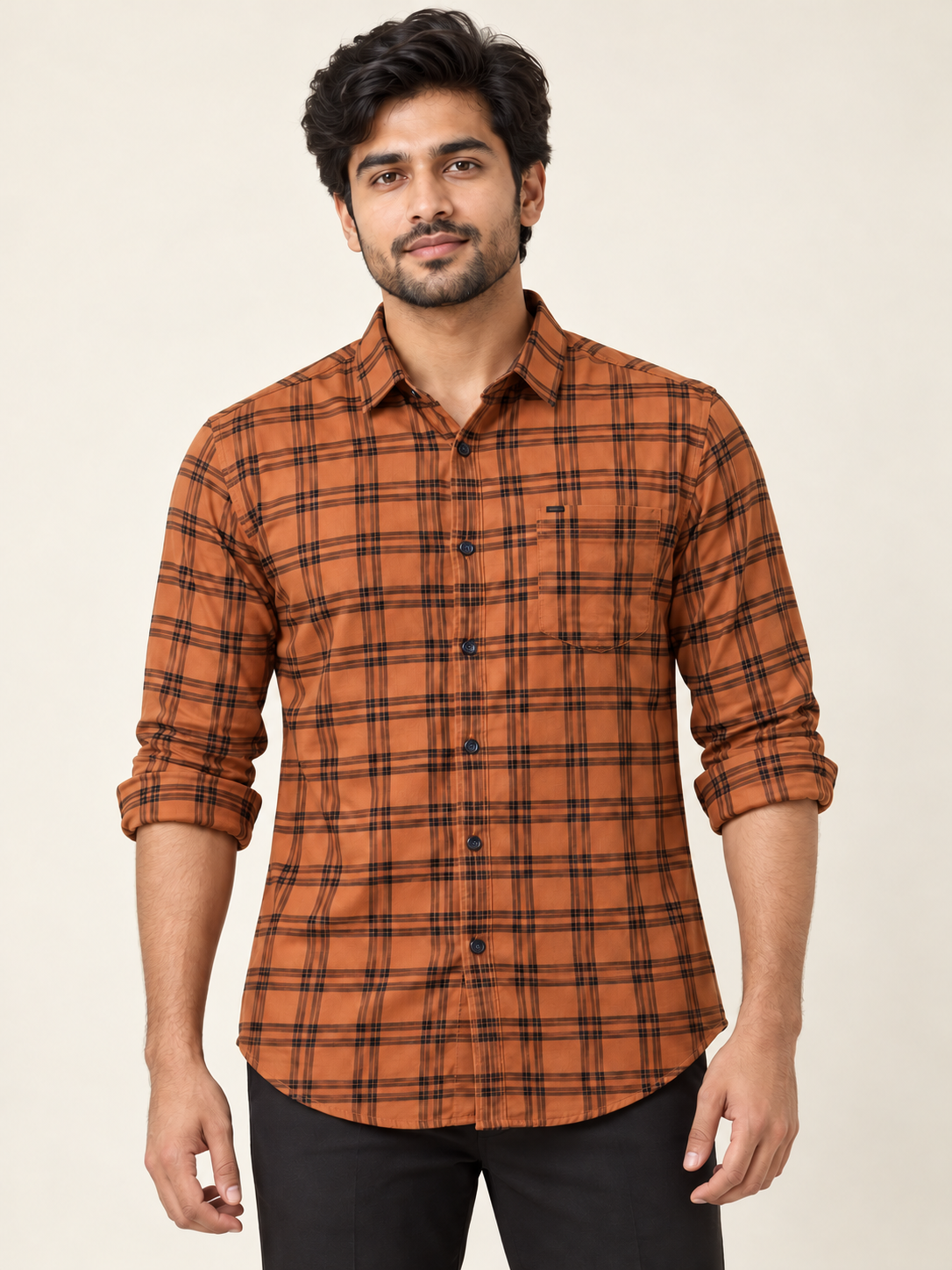 Check Pocket Shirt - Orange Black on an adult male model, front view.
