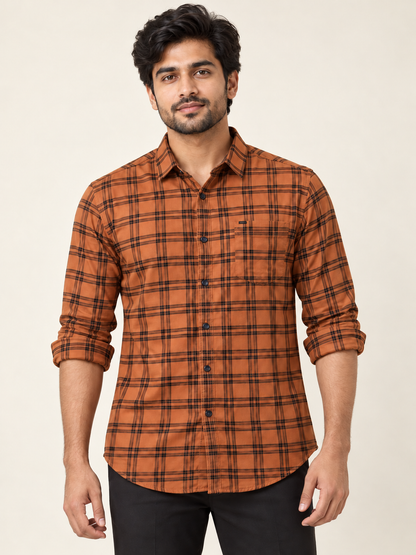 Check Pocket Shirt - Orange Black on an adult male model, front view.