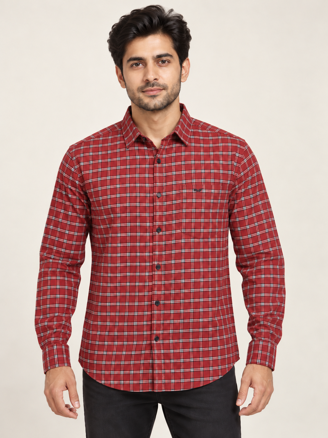 Fine Grid Wing Pocket Full Sleeve Shirt - Red White on an adult male model, front view.