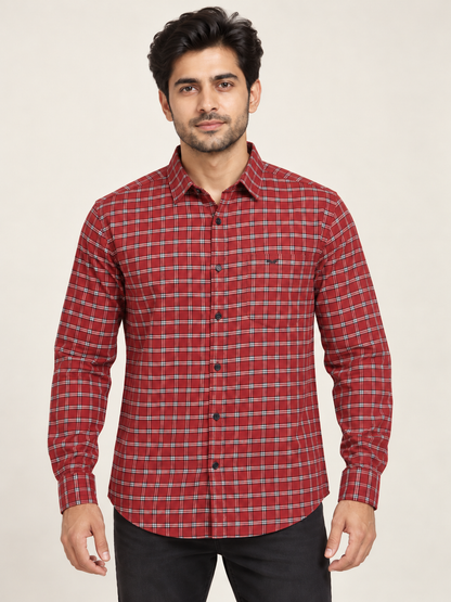 Fine Grid Wing Pocket Full Sleeve Shirt - Red White on an adult male model, front view.