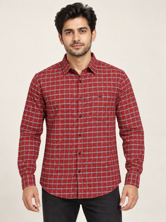 Fine Grid Wing Pocket Full Sleeve Shirt - Red White on an adult male model, front view.