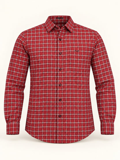 Fine Grid Wing Pocket Full Sleeve Shirt - Red White, full front product view.