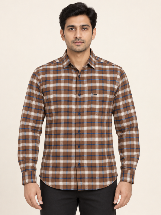 Check Full Sleeve Pocket Shirt - Brown White Blue on an adult male model, front view.