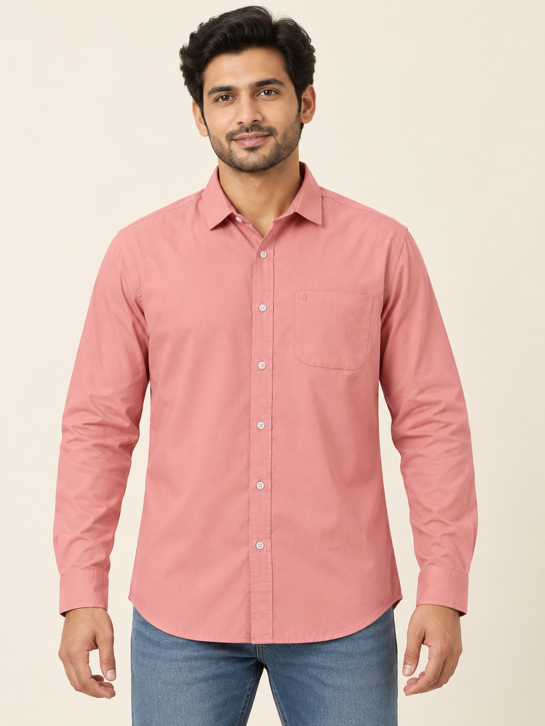 J Detail Full Sleeve Pocket Shirt - Salmon Pink on an adult male model, front view.