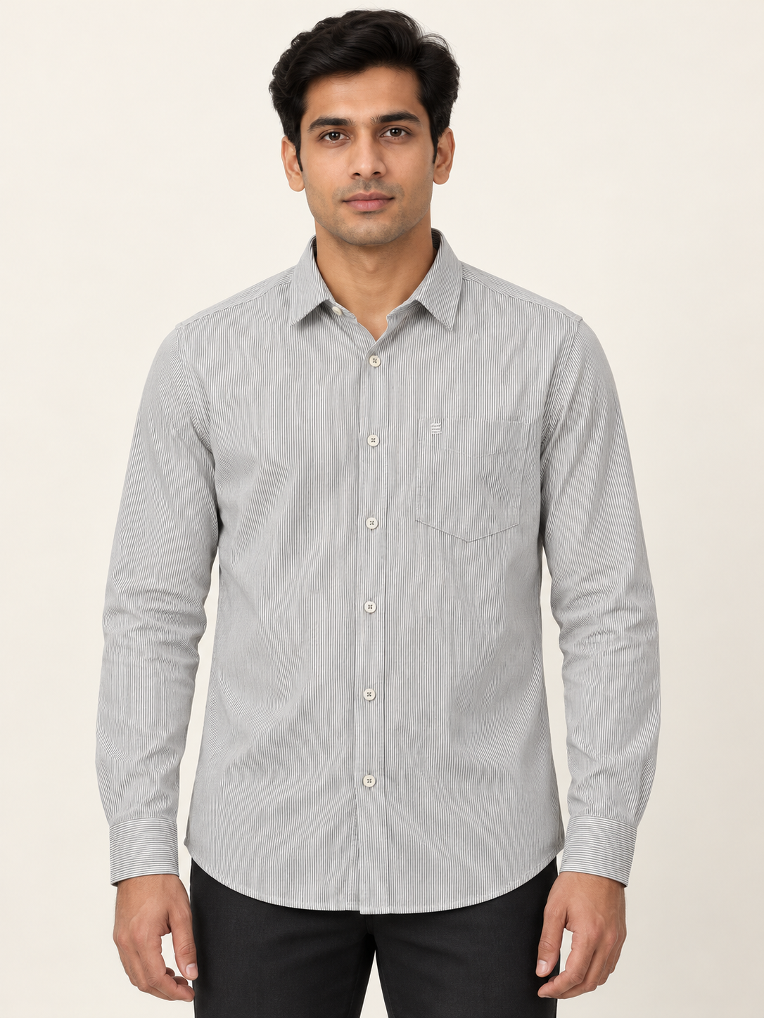 Fine Pinstripe Full Sleeve Pocket Shirt - Off White Grey on an adult male model, front view.