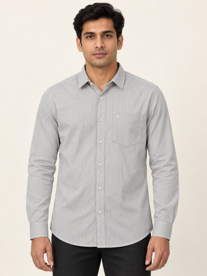 Fine Pinstripe Full Sleeve Pocket Shirt - Off White Grey on an adult male model, front view.
