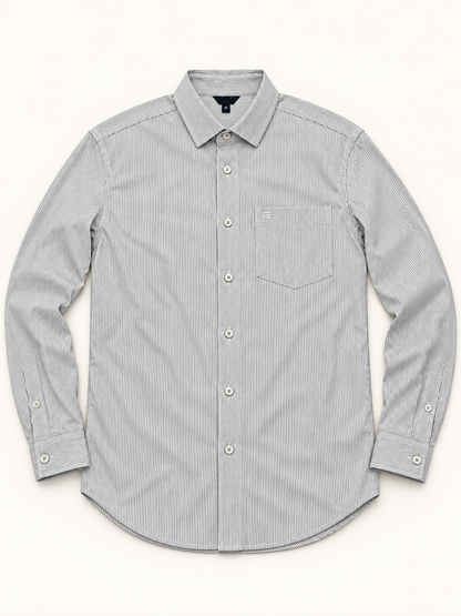 Fine Pinstripe Full Sleeve Pocket Shirt - Off White Grey, full front product view.