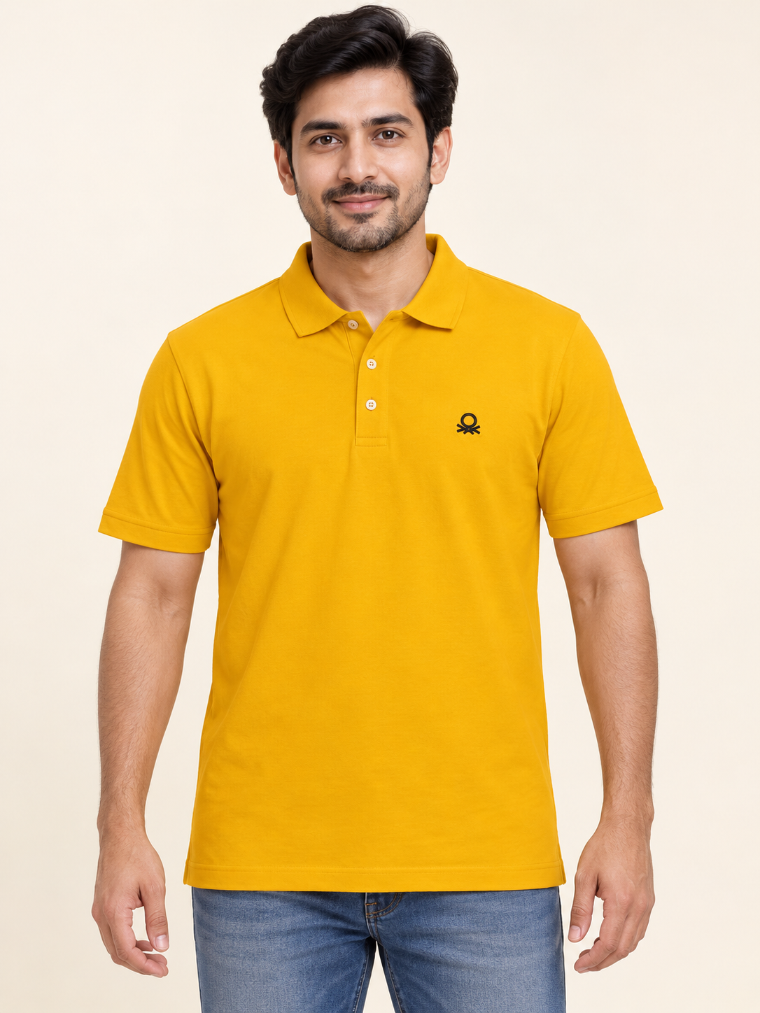 Three Button Polo T-Shirt - Golden Yellow on an adult male model, front view.