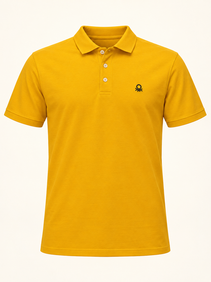 Three Button Polo T-Shirt - Golden Yellow, full front product view.