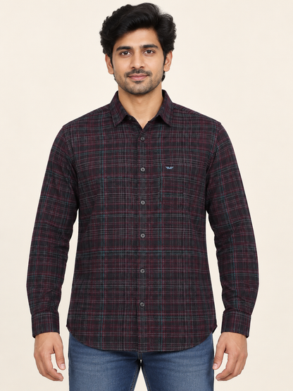 Fine Plaid Wing Pocket Full Sleeve Shirt - Dark Burgundy on an adult male model, front view.