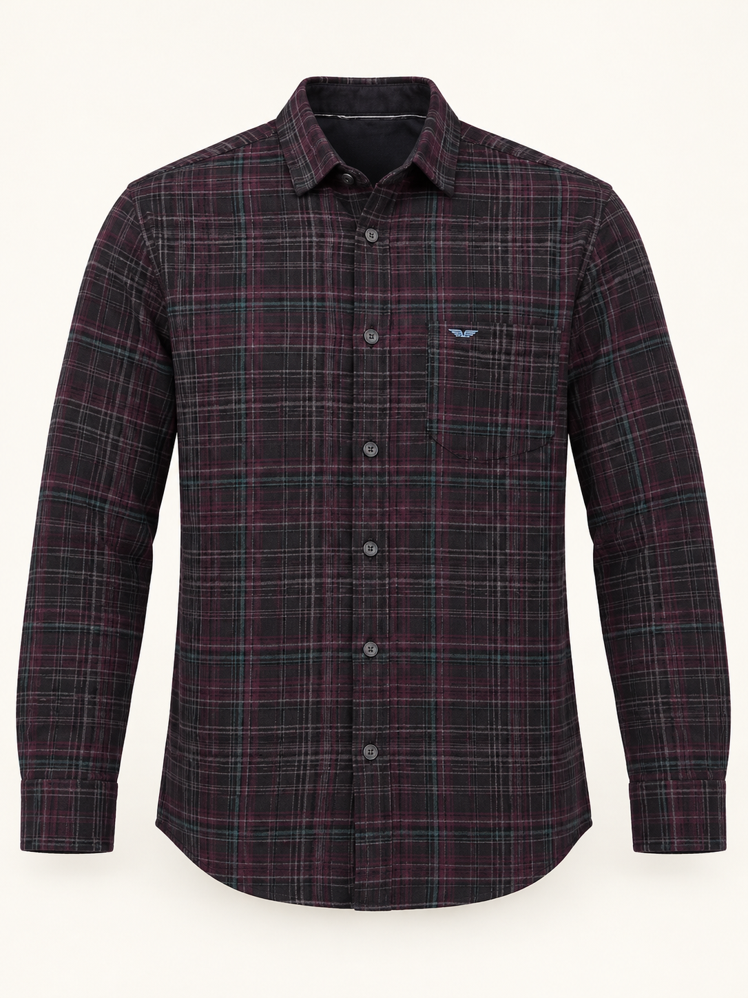 Fine Plaid Wing Pocket Full Sleeve Shirt - Dark Burgundy, full front product view.