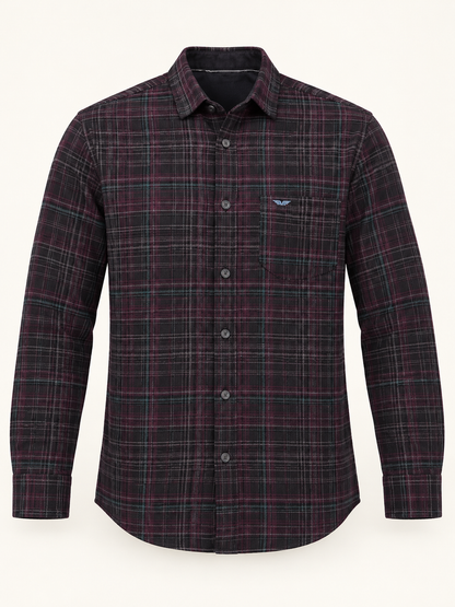 Fine Plaid Wing Pocket Full Sleeve Shirt - Dark Burgundy, full front product view.