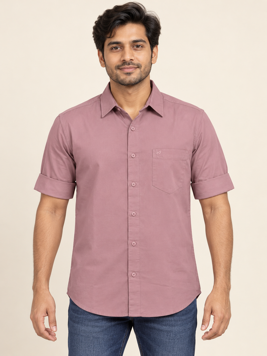 Folded Sleeve Pocket Shirt - Dusty Mauve on an adult male model, front view.