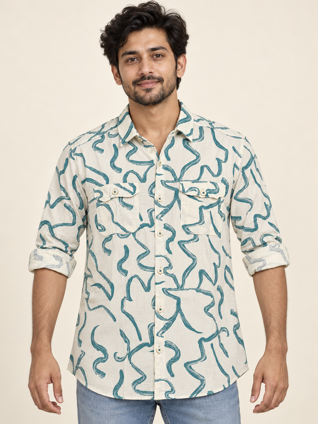 Abstract Stroke Double Flap Pocket Shirt - Cream Teal on an adult male model, front view.