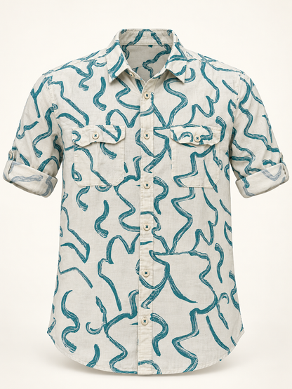 Abstract Stroke Double Flap Pocket Shirt - Cream Teal, full front product view.