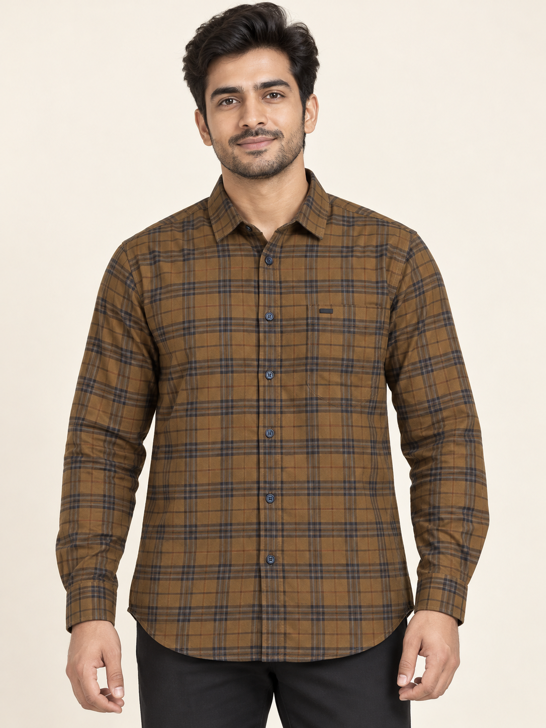 Fine Check Full Sleeve Pocket Shirt - Brown Charcoal on an adult male model, front view.