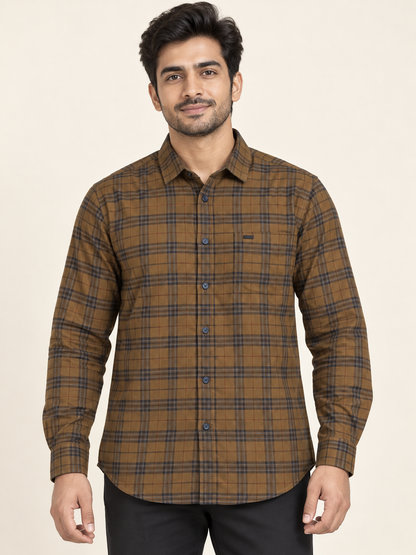Fine Check Full Sleeve Pocket Shirt - Brown Charcoal on an adult male model, front view.
