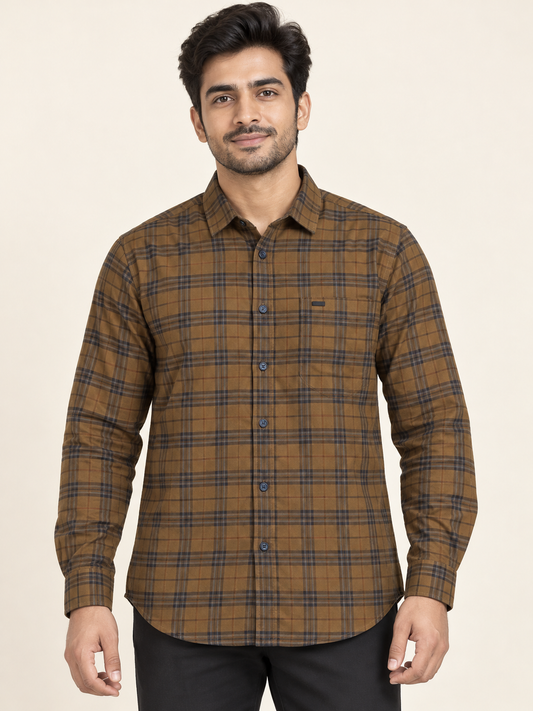 Fine Check Full Sleeve Pocket Shirt - Brown Charcoal on an adult male model, front view.