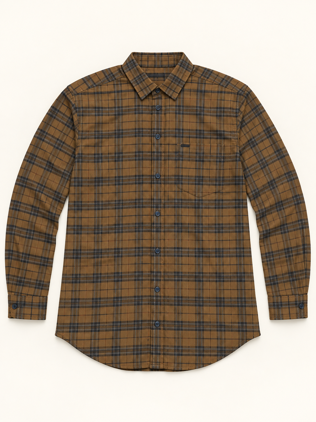 Fine Check Full Sleeve Pocket Shirt - Brown Charcoal, full front product view.