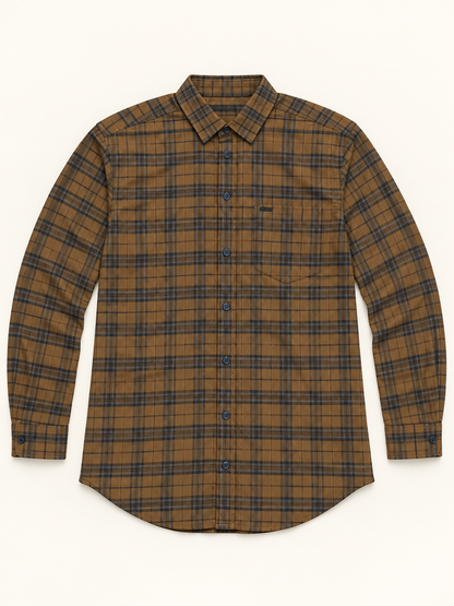 Fine Check Full Sleeve Pocket Shirt - Brown Charcoal, full front product view.